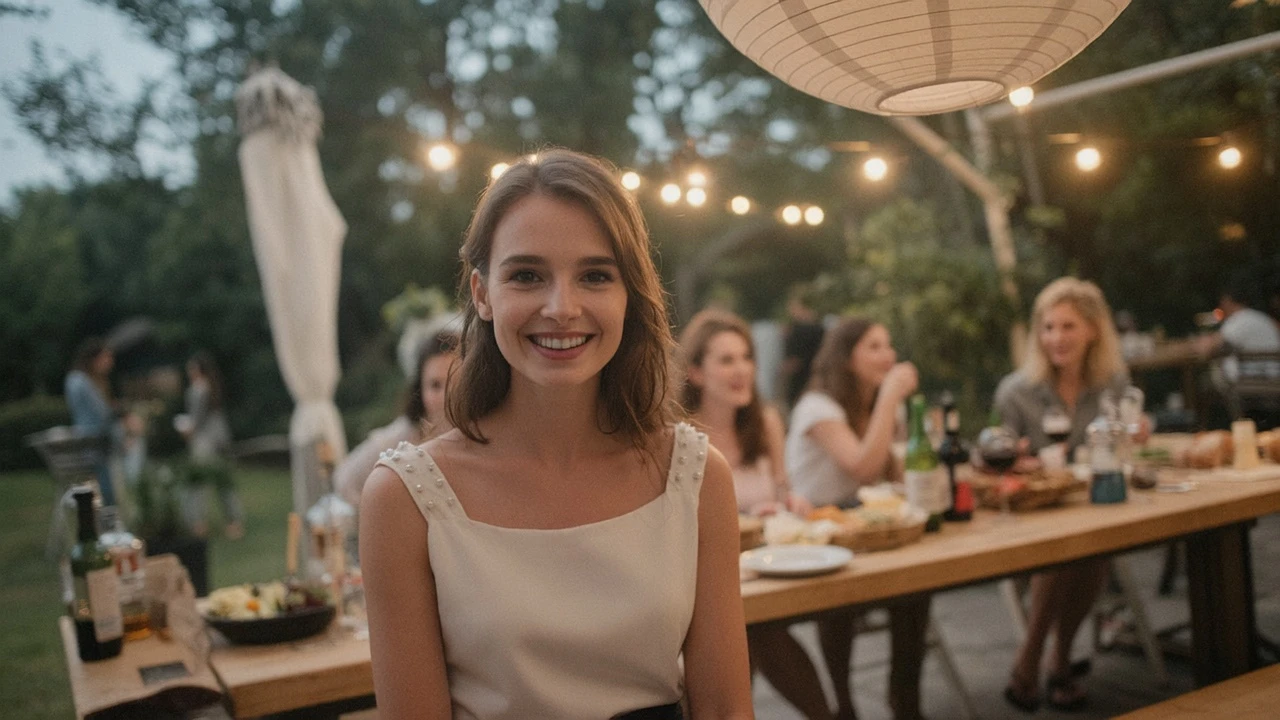 A group of four women are seated around a wooden picnic table outdoors at a backyard gathering. The woman in the foreground, light-skinned and young adult, has shoulder-length light brown hair and a friendly, smiling expression. She's wearing a white, sleeveless top with small, pearl-like embellishments on the shoulders. The background shows several people in light-colored clothing, and a long wooden table with wine bottles, glasses, candles, and food on it. The setting is a backyard at twilight, with trees and a string of outdoor lights creating a warm ambiance. A large white paper lantern hangs above the gathering. The composition is casual, focusing on the smiling woman seated at the table. The perspective is from slightly above and a bit to the left of the woman's position. The lighting is soft, warm, and ambient, highlighting the faces and creating a welcoming atmosphere. Colors are muted and natural tones with pops of light from the candles and lights. The overall style is casual and social, evoking a friendly backyard dinner party.