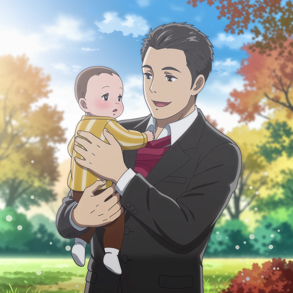 Father holding his baby in a sunlit park, candid emotion, detailed facial features, colorful autumn background, bokeh effect, Leica look
