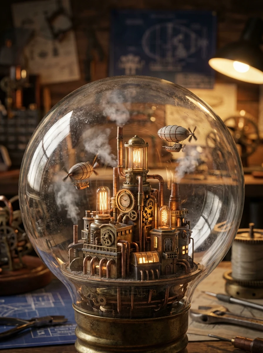 Macro photography shot. Inside an old, dusty vintage lightbulb, there is a fully functioning, multi-layered steampunk city. Tiny brass gears, steam pipes, and clockwork towers are intricately detailed. Miniature airships float around the filament. The glass of the bulb reflects the room around it (a cluttered inventor's workshop). Shallow depth of field, bokeh background, warm tungsten lighting, hyper-realistic, metallic textures.