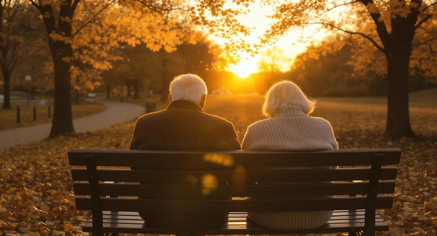 An elderly couple with white hair, wearing cozy sweaters, holding hands and leaning on each other on a park bench in autumn, watching the sunset. The afterglow of the sunset paints their silhouettes in gold, with a path covered in fallen leaves in the background. The scene is touching, romantic, and peaceful. Cinematic shot, telephoto lens with spatial compression, warm and vintage color grading.