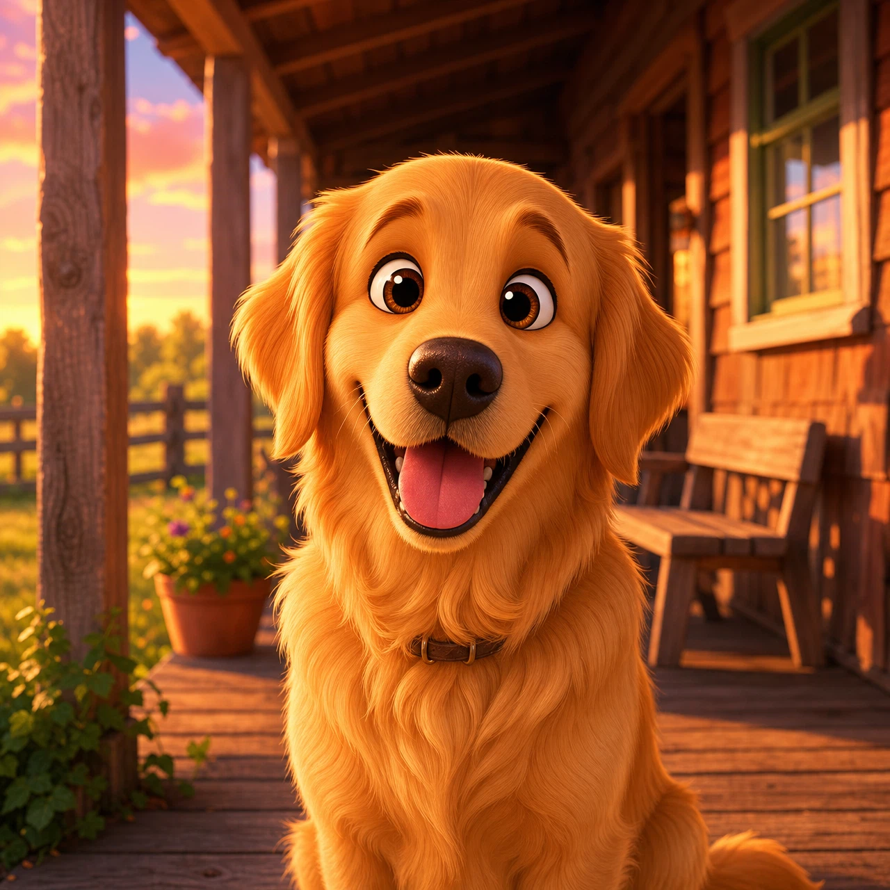 Transform this golden retriever into a charming 3D animated movie character: big expressive eyes, soft stylized fur, playful smile, same porch setting rendered in a colorful stylized 3D animation look with warm sunset lighting.