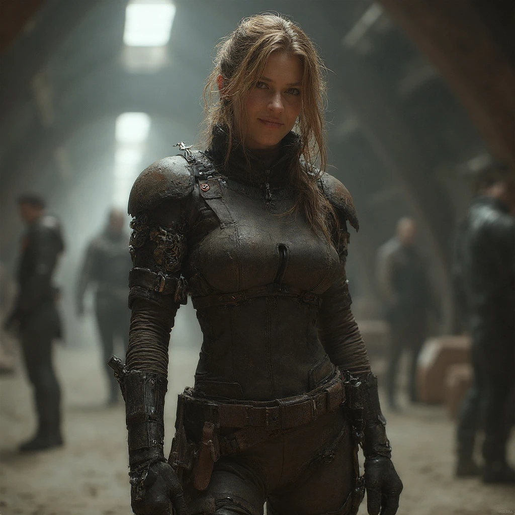 character concept art, full body portrait of a rogue space pirate, female with a cybernetic arm and a confident smirk, wearing worn leather armor over a high-tech suit, standing in the hangar of a gritty spaceship, detailed, dynamic pose, trending on ArtStation.