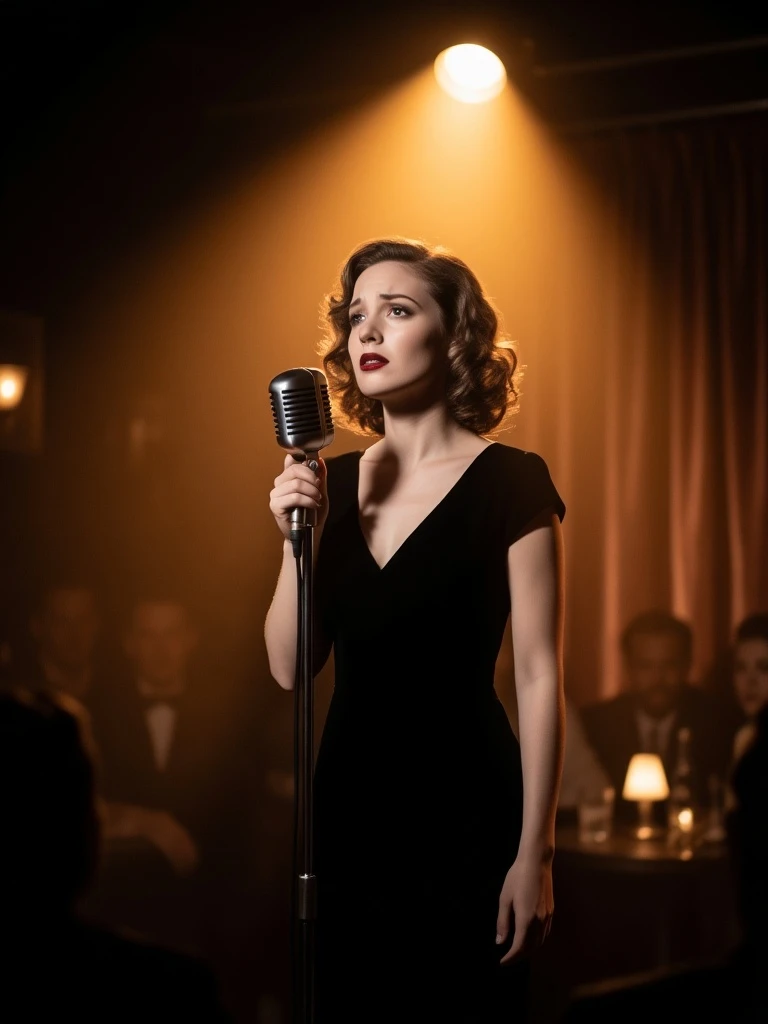 A foreign female jazz singer in a smoky vintage club, elegant black dress, classic microphone, warm amber spotlight, soft curls, emotional eyes, cinematic 1950s portrait, realistic film photography, shallow depth of field