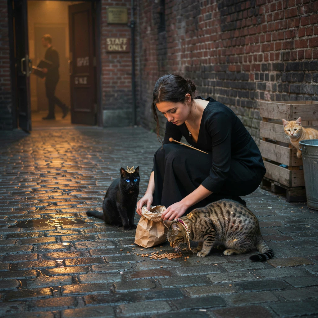 Transform the stray cats into regal fantasy cats with subtle magical details: one has a tiny gold crown, one has luminous blue eyes, one has delicate embroidered collar ornaments, and another has faint shimmering fur patterns.
Keep them still recognizably cats and preserve the emotional realism of the scene. Elegant magical realism, refined fantasy detail, cinematic night atmosphere.