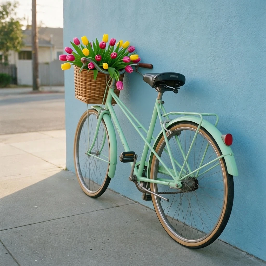Repaint the bicycle a soft mint green and add a wicker basket full of fresh tulips on the front, keep the blue wall, the street and the lighting unchanged.
