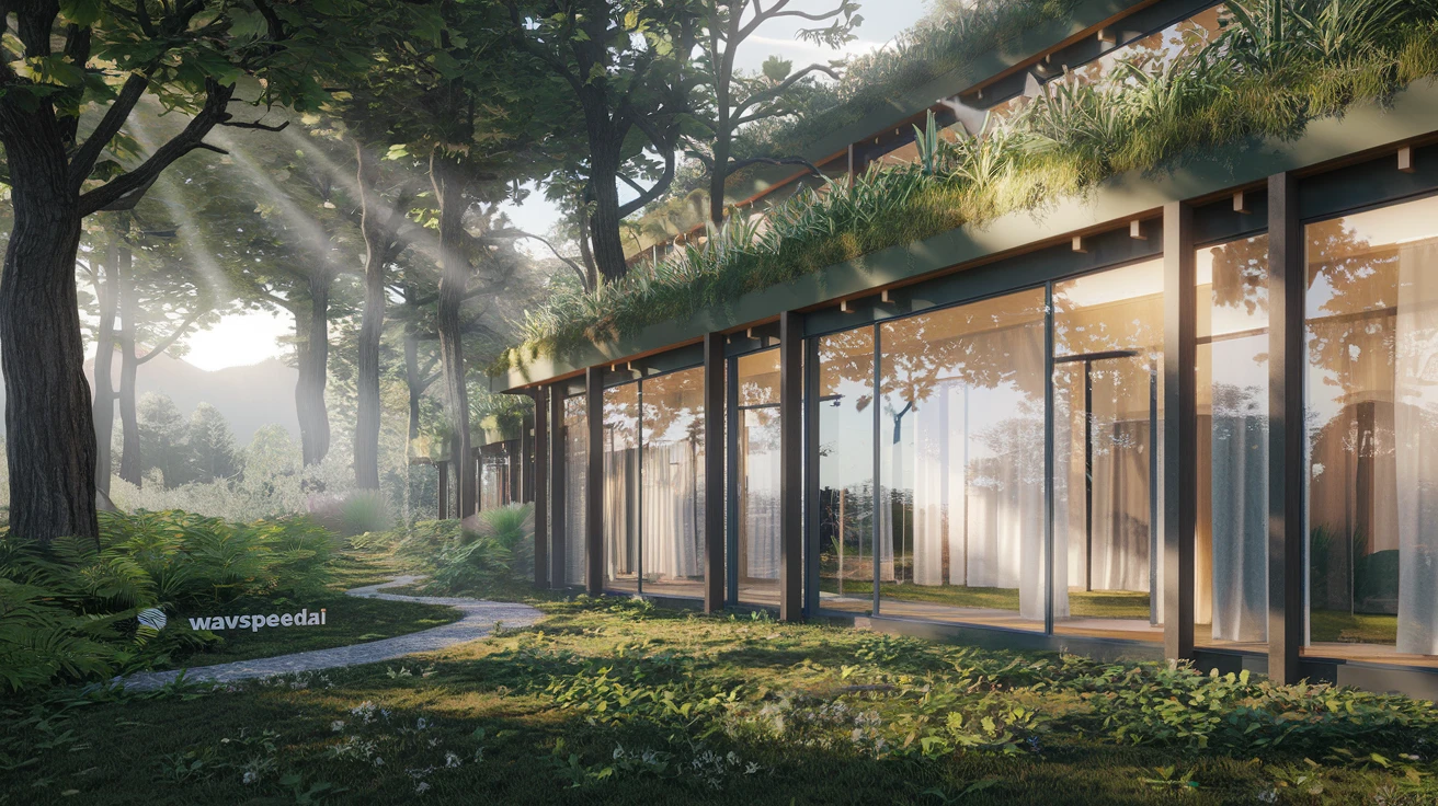 An architectural visualization of a modern, eco-friendly house integrated into a lush forest. The house features large glass walls, a green roof covered in plants, and natural wood accents. Sunlight streams through the trees, creating dynamic light and shadow on the building's facade. A small sign on the pathway says 'WavespeedAI'. photo, architectural render, realistic, serene.
