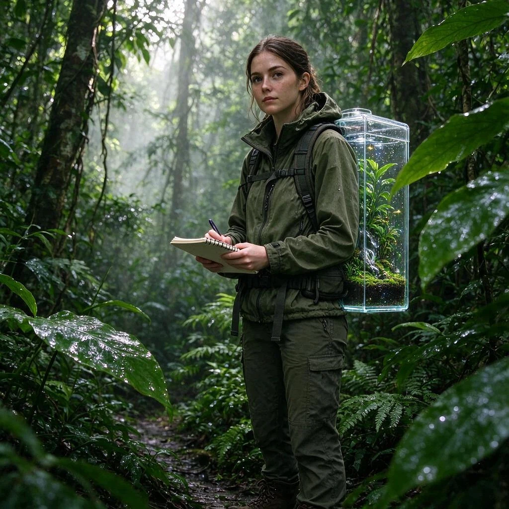 Transform her technical backpack into a transparent portable ecosystem chamber containing miniature tropical plants, condensation, moss, tiny glowing insects, and a small flowing water cycle.
Keep the backpack straps and overall shape consistent with the original. Realistic transparent materials, botanical detail, premium scientific design, photorealistic integration.
Preserve the woman’s exact identity, pose, clothing, rainforest, lighting, and camera composition.