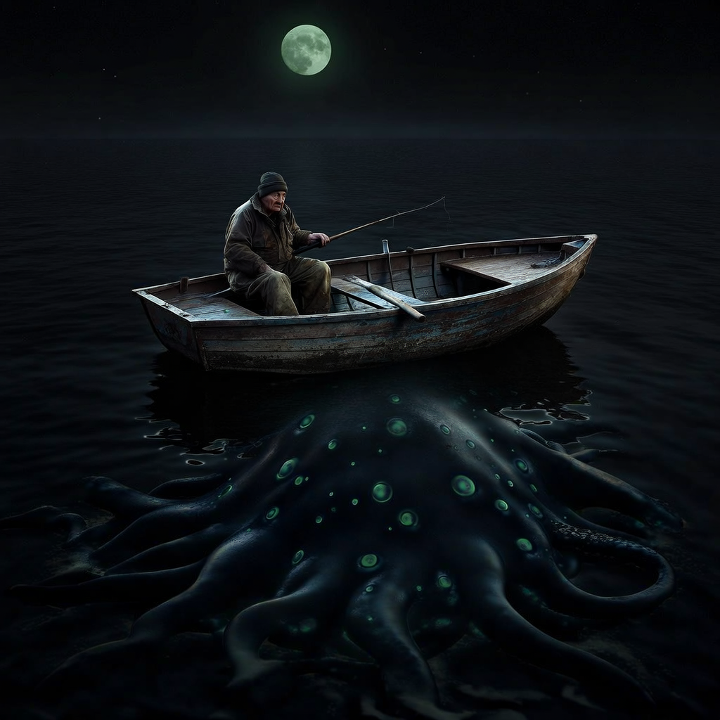 A lone fisherman in a small rowboat on a perfectly still, black ocean under a sickly green moon. In the depths below, the immense, shadowy silhouette of a tentacled cosmic horror is faintly visible, its glowing, multitude of eyes staring up from the abyss.