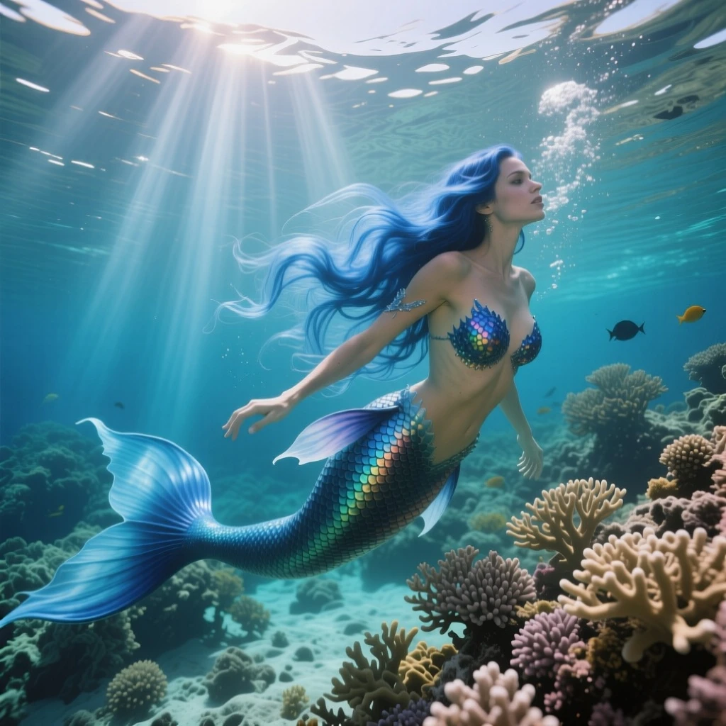 realism, a woman like a mermaid, with flowing, long, blue hair and shimmering scales. She swims gracefully in clear tropical waters filled with coral and strange marine life. Sunlight penetrates the water's surface, creating moving beams of light that illuminate the entire scene—dreamy, vibrant, light and shadow effects, underwater photography, highly detailed.