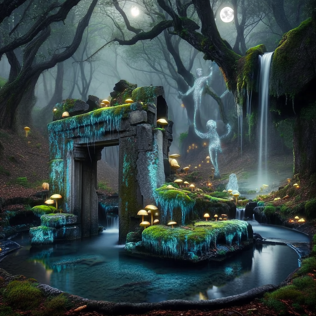A hidden ancient ruin, overgrown with bioluminescent moss and glowing fungi, deep within an ethereal, mist-shrouded forest. Whispering spirits, barely visible as shimmering lights, drift among towering, gnarled trees. A waterfall cascades into a crystal-clear pool reflecting the moonlight.