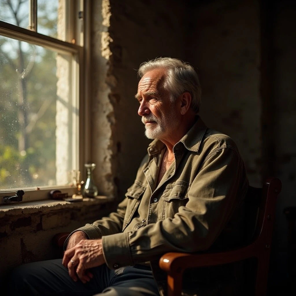 an elderly man sitting by a window, warm sunlight casting soft shadows, ultra-realistic, high detail skin texture, weathered hands, cinematic photography, depth of field, 50mm lens, cozy room interior, storytelling mood