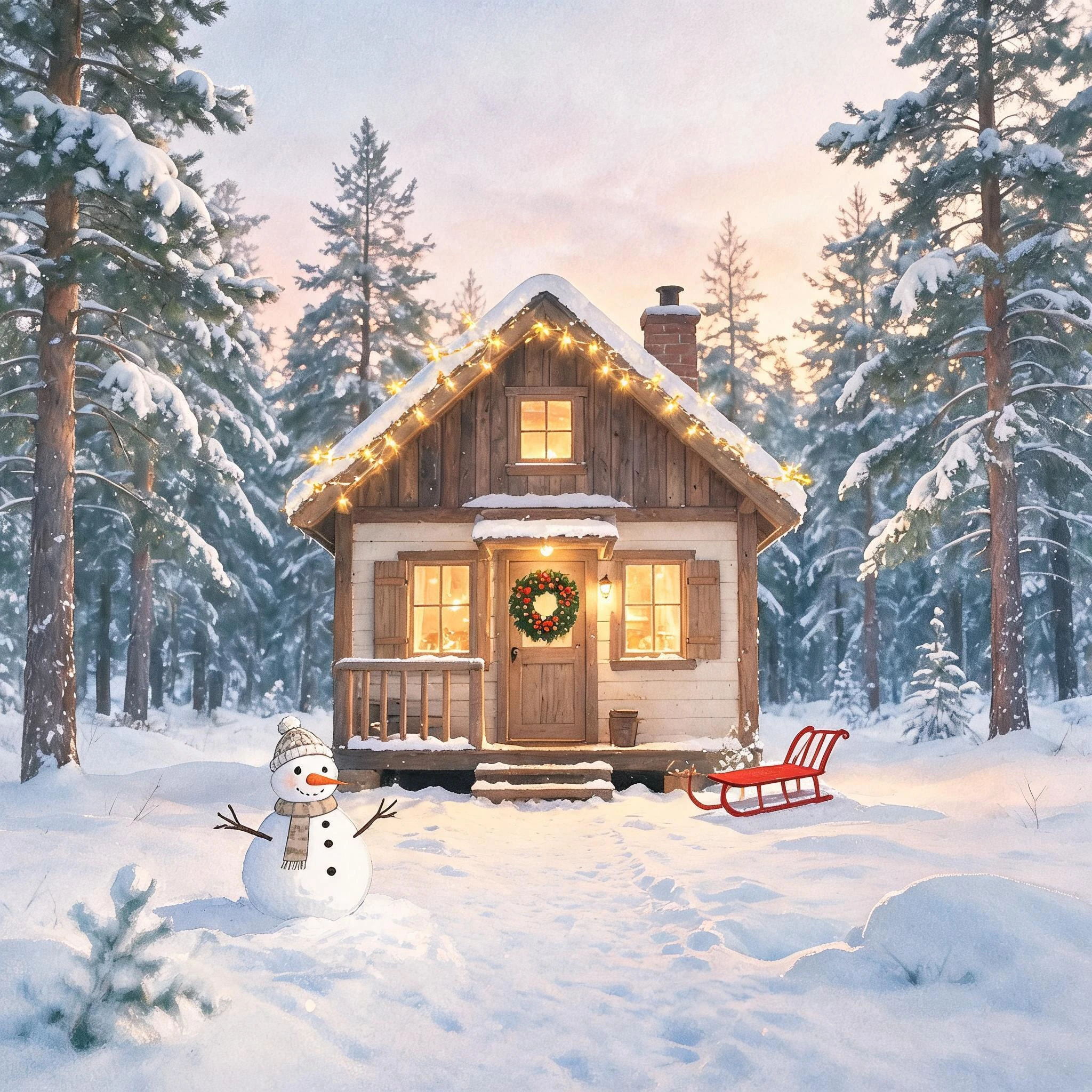 Transform this photo into a cozy holiday illustration in a soft gouache painting style. Keep the cabin and snowy pines, add warm string lights along the roof, a wreath on the door, a small snowman in front of the cabin and a red sled leaning on the porch. No text.