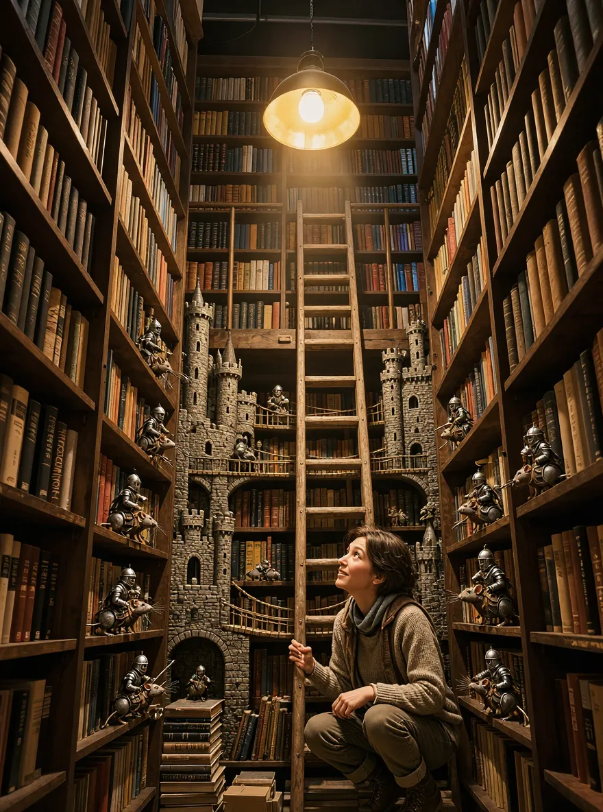 Change that a tiny medieval kingdom exists between the books. Add miniature castles, tiny knights riding mice, tiny bridges connecting book spines, and a curious bookstore owner kneeling down to watch them. Keep the bookstore cozy while making it fantastical.