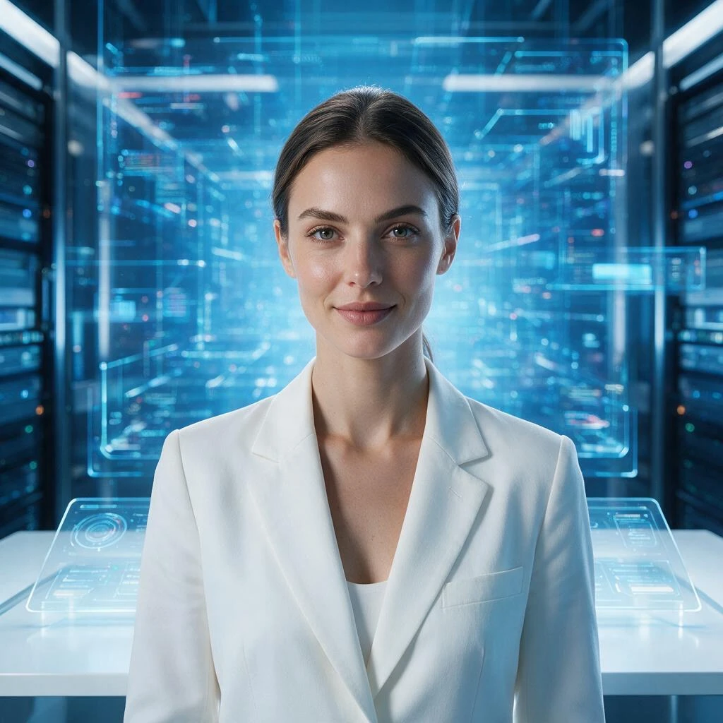 A professional young foreign woman standing in a futuristic AI studio, front-facing up