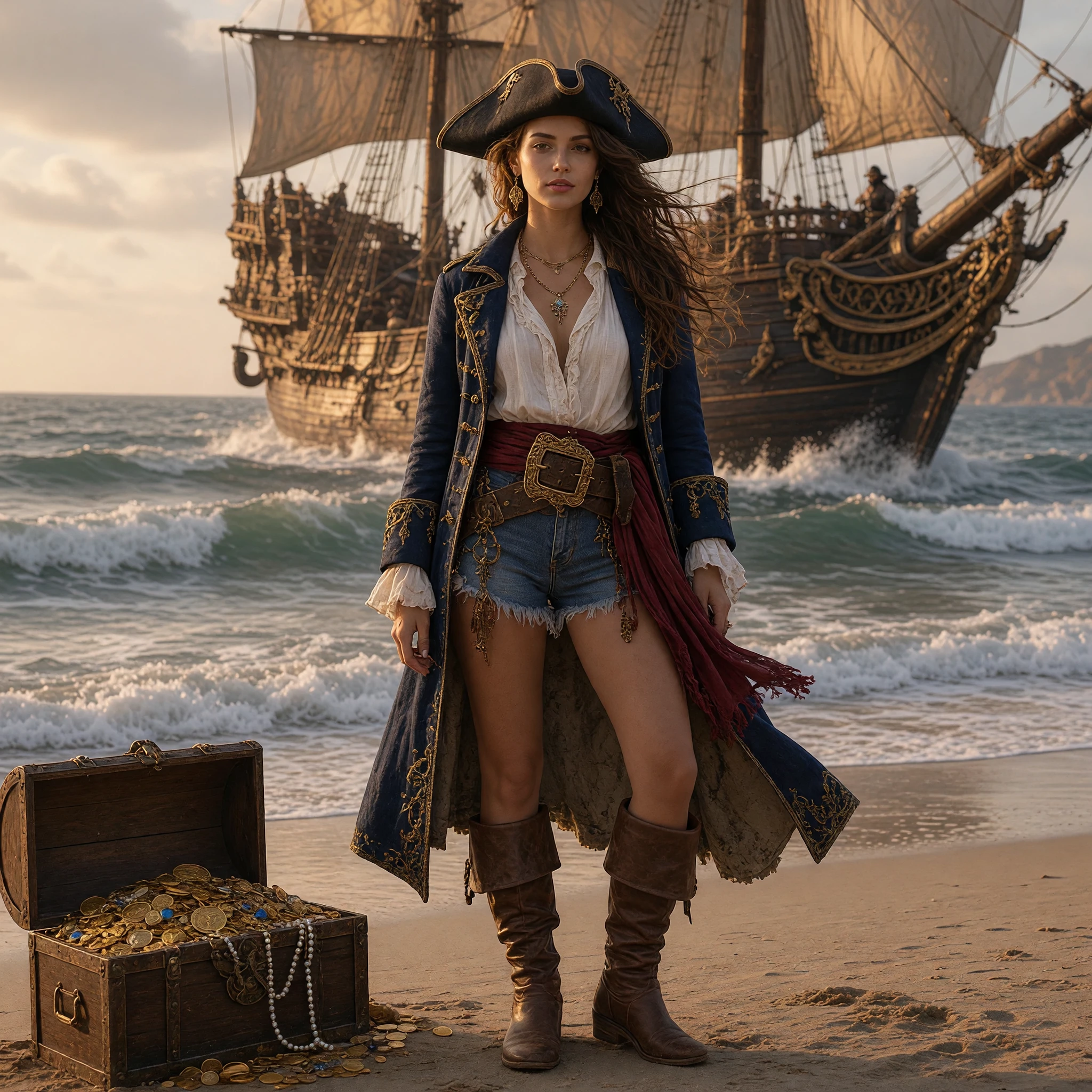 Transform her into a stylish pirate captain while preserving her face and overall stance. Replace the outfit with a dark navy pirate coat, leather belt, tall boots, and layered accessories. Add a dramatic pirate ship behind her, wind-blown sails, treasure chest details, and a bold adventurous atmosphere. Keep the image realistic, cinematic, and detailed.
