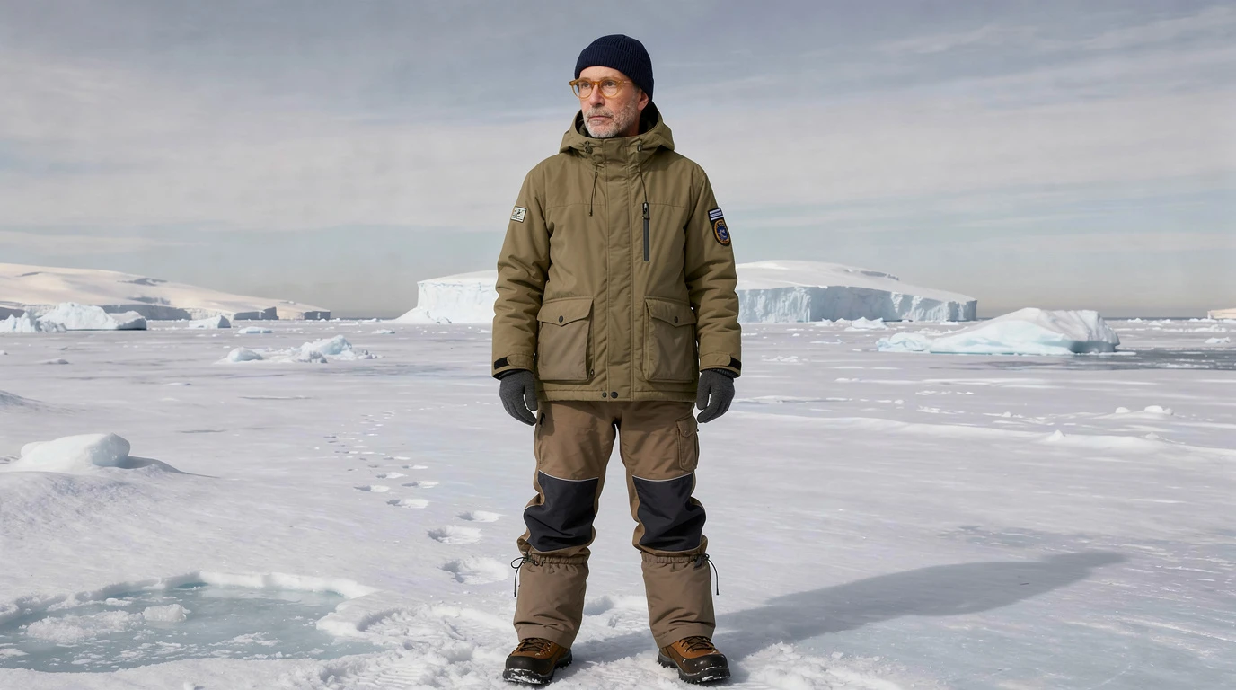 Make him standing on Antarctica.