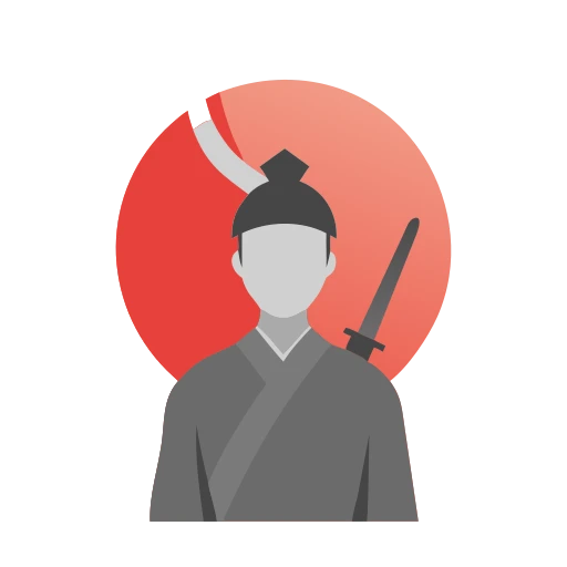 Minimalist avatar icon of a samurai, red sun in background, stylized silhouette, vector-friendly, app design aesthetic