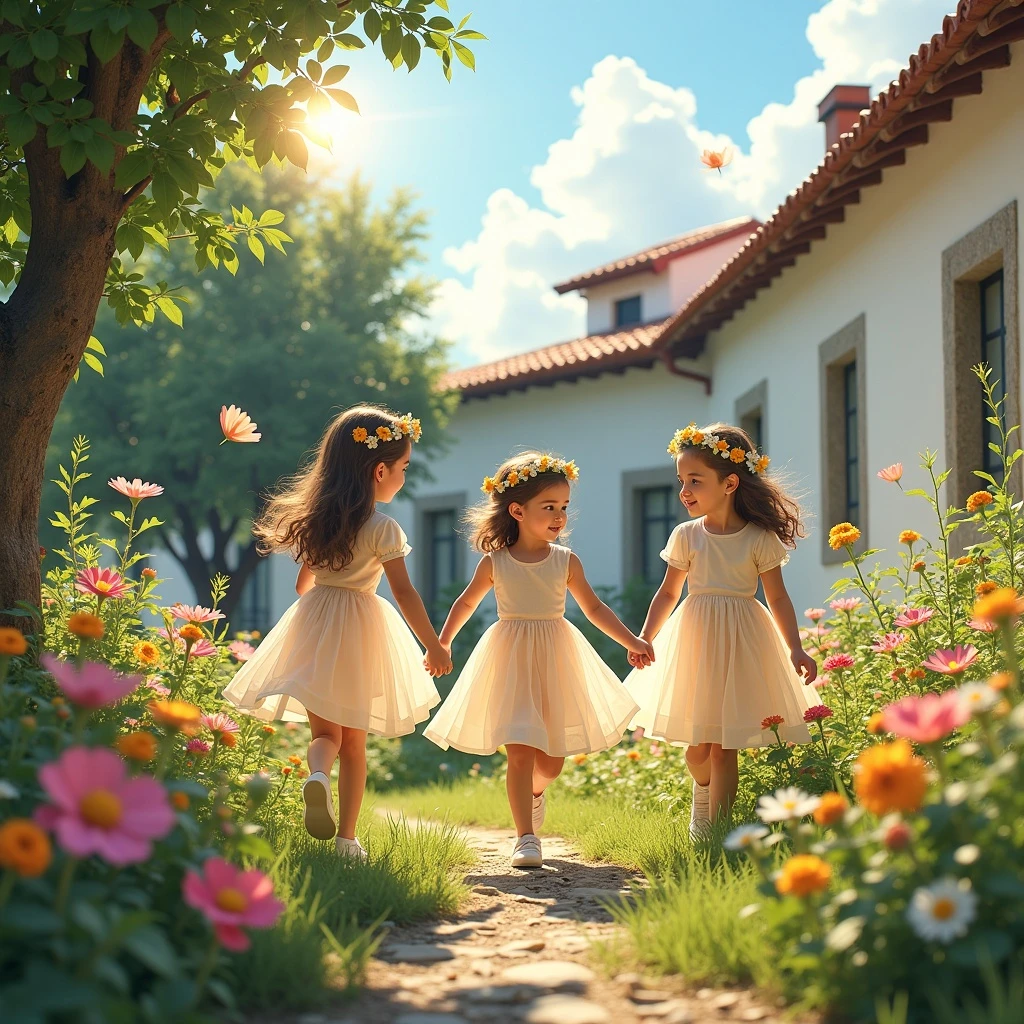 The sun shines all over the courtyard, and the breeze blows gently, bringing bursts of flowers. Several girls were dressed in fine gauze and their skirts were blown by the wind, chasing and playing in the garden. Their laughter is as clear as a silver bell, sometimes jumping and sometimes spinning, like a group of dancing butterflies. One girl held a wreath and put it gently on her companion's head, while the other hid behind a tree and sneaked out her head, her eyes shining with naughty light. Their figures are looming in the flowers, sometimes holding hands and sometimes separating, as if they were integrated with the surrounding nature. The air is filled with youthful vitality and carefree happiness, as if this moment of time will never pass.The girl is a small dance in Douro Mainland.