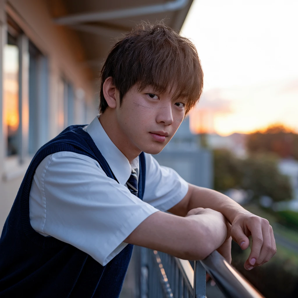 Japanese high school boy leaning on a balcony, sunset in the background, uniform details, warm atmosphere, delicate lighting, hyperreal face textures