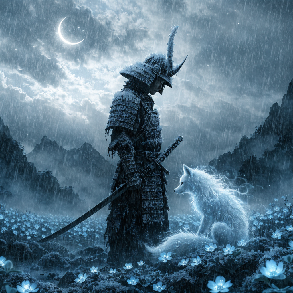 A samurai standing in a field of luminous blue flowers under a crescent moon, his armo