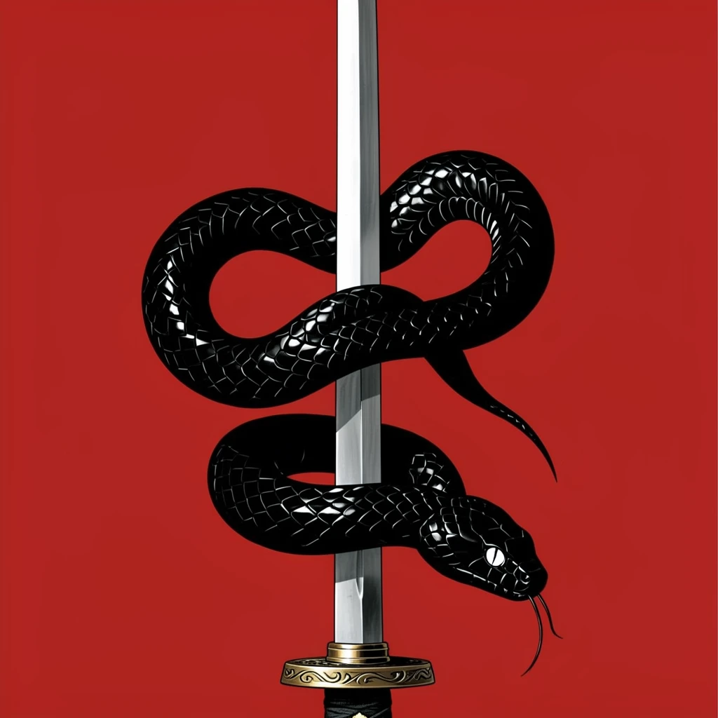a black snake wraps around the blade of a japanese samurai sword, set against a simple red background. the snake's scales are shiny black, and its eyes are shiny white. the overall image is elegant and sophisticated, with clean lines, in the style of peter gric.