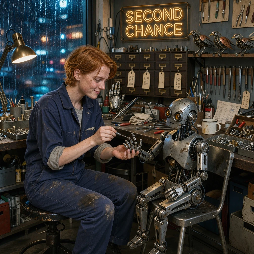 A cinematic editorial photograph inside a tiny robot repair shop on a rainy night. A young female mechanic with short copper hair, freckles, and rolled-up navy coveralls sits at her cluttered workbench, carefully repairing the delicate mechanical hand of a small robot seated opposite her. She has a focused expression with a faint, reassuring smile. The robot watches her with curious amber eyes.
Behind them, a warm neon sign clearly reads “SECOND CHANCE”. Drawers of tiny components, handwritten repair tags, polished tools, and half-finished mechanical birds fill the workshop. Rain streaks the front window, reflecting cool city lights against the warm desk lamp. Natural human anatomy, intricate mechanical joints, convincing worn metal and fabric textures, intimate cinematic atmosphere.
