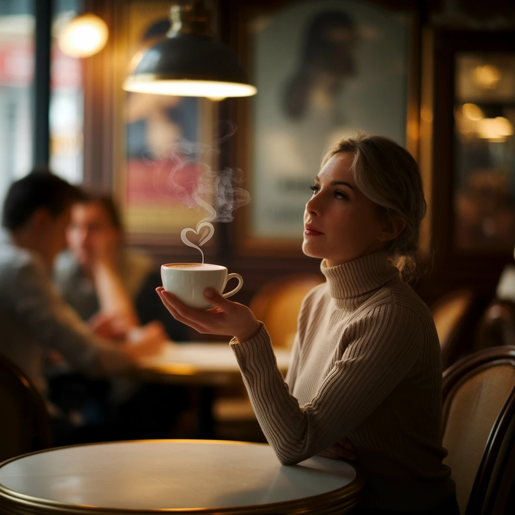 A portrait photo of a woman sitting with a flat white coffee in a Parisienne cafe