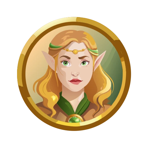 Oil-painted round icon of a forest elf girl, golden border, painterly brushwork, fantasy RPG UI design, decorative look