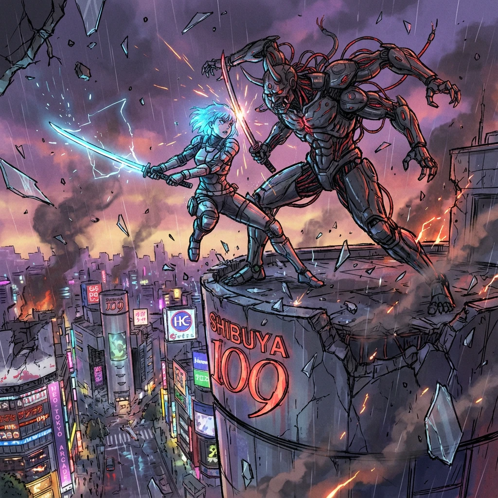 Anime still frame, "sakuga" animation style, intense dynamic action shot. A cyber-samurai girl with glowing energy katana clashes mid-air against a massive, multi-limbed biomechanical Oni (demon) atop a crumbling Shibuya 109 building. Explosion debris, broken glass, electrical discharge, and rain streaks are frozen around them. The background is a chaotic, destroyed Neo-Tokyo with thousands of neon signs. Dramatic angles, high detail line work, vibrant color palette, dramatic lighting, 4k resolution.