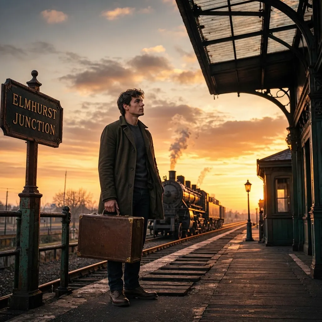 A young traveler standing at a vintage train platform, holding a brown suitcase, soft golden sunset, nostalgic cinematic atmosphere, detailed environment, realistic human pose, storytelling composition.