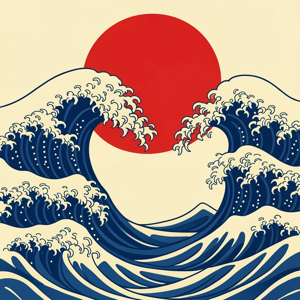Create a vector illustration inspired by Japanese ukiyo-e waves, stylized ocean waves curling around a red sun, flat layered shapes, elegant linework, indigo, cream, and red color palette, traditional but clean SVG style, no text, no raster texture
