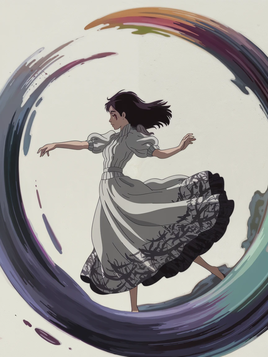 Woman in a flowing dress dancing in a swirl of paint and color, abstract brush strokes, expressive movement, vibrant tones, artistic composition