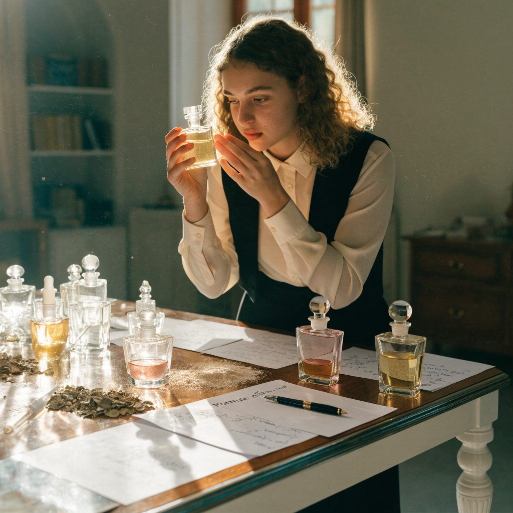 A young French female perfumer standing behind an elegant laboratory table filled with crystal perfume bottles, pipettes, botanical ingredients, and handwritten formula cards. She wears a cream blouse and dark fitted vest, holding a clear rectangular perfume bottle near her face. Soft afternoon light, luxury editorial photography, realistic glass reflections.