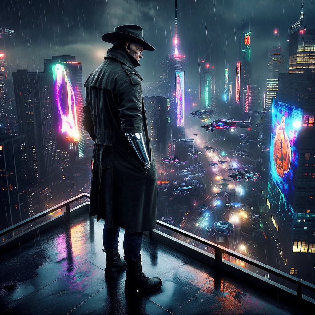 A high-angle shot of a lone cyborg detective standing on the rain-slicked balcony of a futuristic skyscraper. Below, the sprawling city is a dense network of flying vehicles and massive, glowing holographic advertisements. The detective wears a long trench coat, and the neon light reflects off their chrome prosthetic arm.