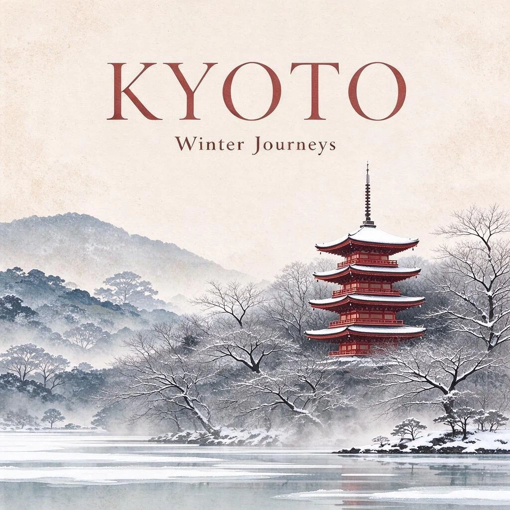 Change the season from autumn to deep winter: cover the pagoda roofs, trees and hills in fresh snow, turn the red maple leaves into bare snowy branches, make the lake partly frozen, and change the subtitle text to "Winter Journeys". Keep the title "KYOTO", the layout and the illustration style unchanged.