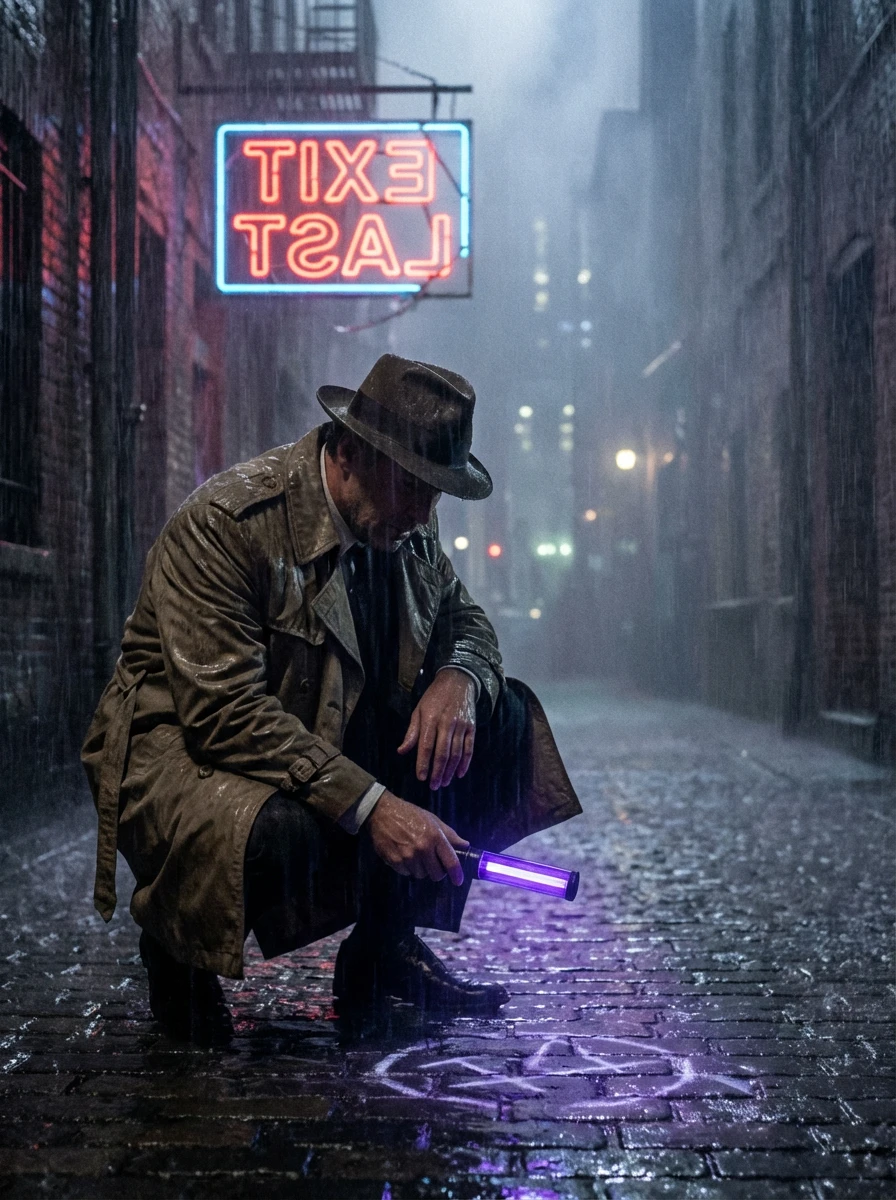 Cinematic film still, neo-noir thriller style. A weary detective in a rumpled trench coat stands in a rain-slicked alleyway at night. Heavy atmospheric fog and pouring rain. The only light source is a flickering, broken neon sign in puddles reflecting backward that reads "LAST EXIT". He is crouching, holding a glowing UV light over a cryptic symbol on the wet ground. Long dramatic shadows, high contrast lighting, film grain, wet pavement texture, moody, tense atmosphere.