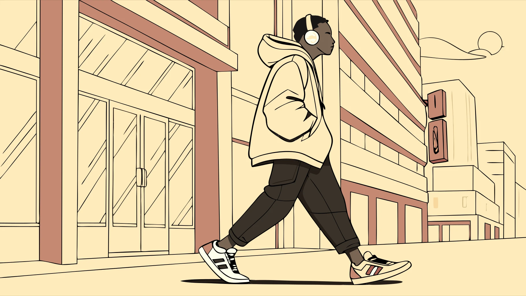 A full-body candid shot of a young man in his early 20s walking down a sun-drenched street in Shinjuku, Tokyo. He is wearing a stylish oversized beige hoodie, black cargo pants, and limited-edition sneakers. He is looking off-camera with a thoughtful expression, with headphones around his neck.