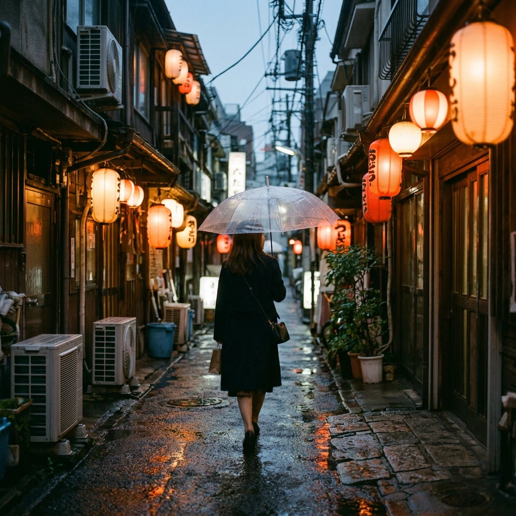 Street photo of a woman with a clear umbrella walking down a narrow alley at dusk in the rain, warm glowing paper lanterns, reflections on the wet pavement, 35mm film look, no readable signs