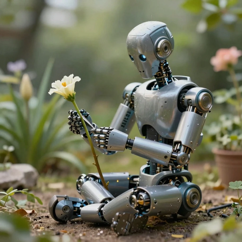 An ultra-detailed robot sitting in a quiet garden carefully repairing a broken flower stem with tiny mechanical tools, soft sunlight, beautiful depth of field, metallic and organic textures blending naturally