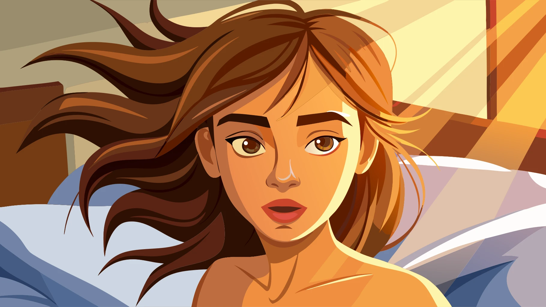 Young woman waking up in the morning sunlight, lying in bed with tousled hair, warm backlight, intimate and natural moment, realistic skin tones and fabric texture