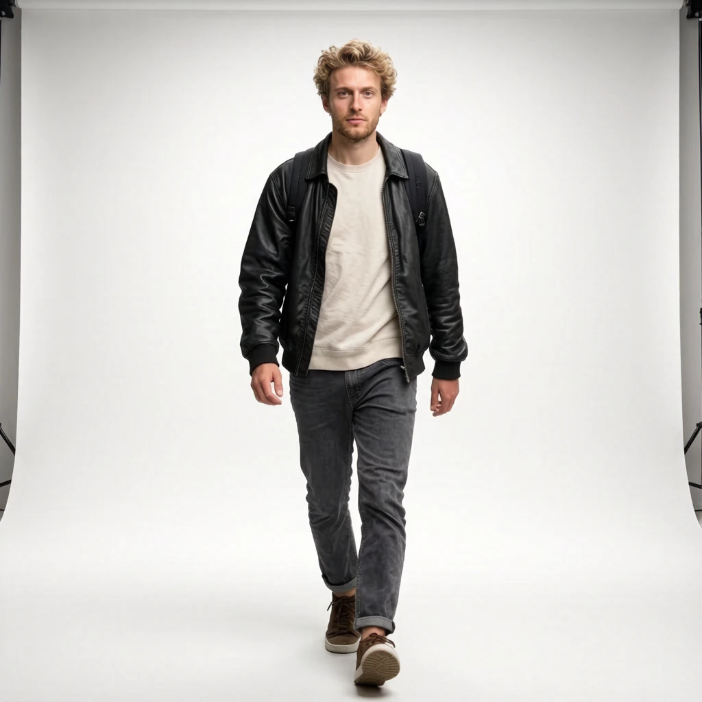 Change the background to a sleek, professional photography studio with clean white walls, and the man is looking at the camera.