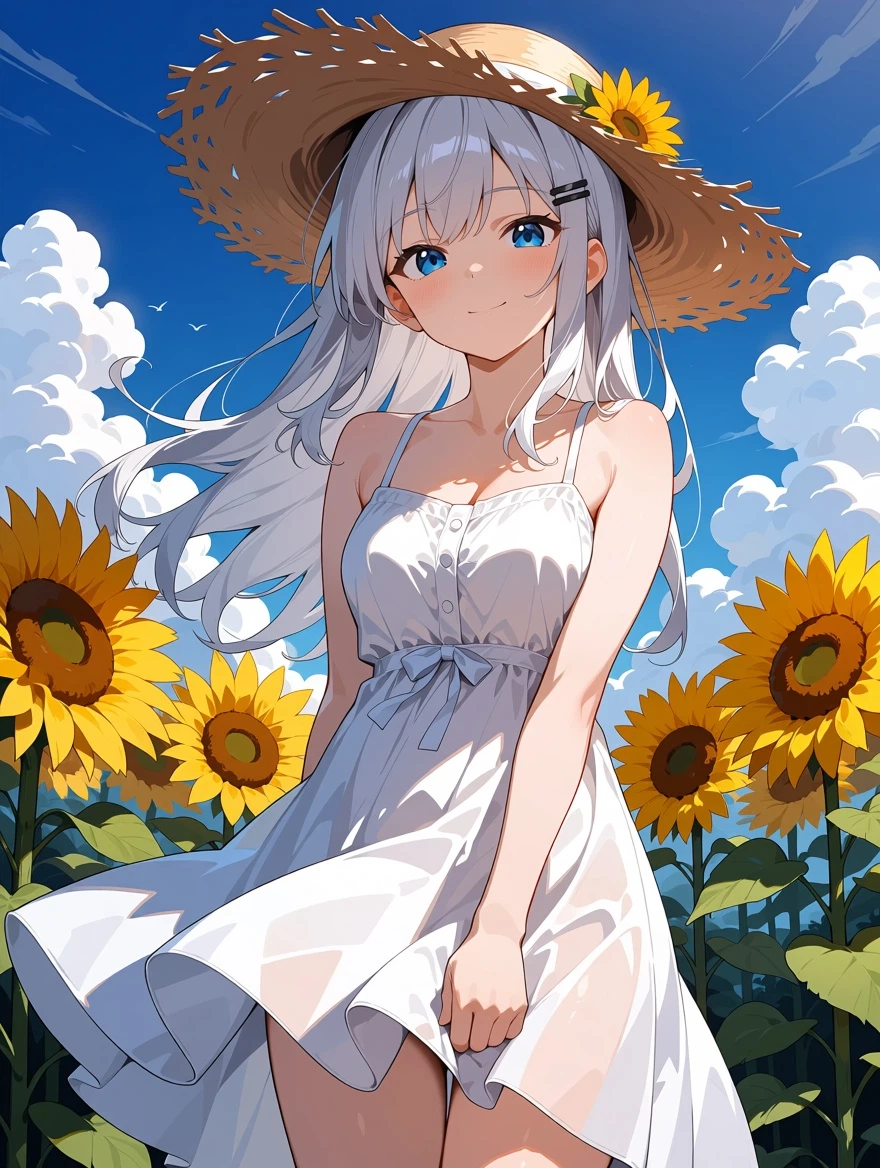 masterpiece, best quality, 1girl, solo, long silver hair, blue eyes, white summer dress, straw hat, standing in a sunflower field, wind, blue sky, cumulus clouds, looking at viewer, gentle smile, detailed background