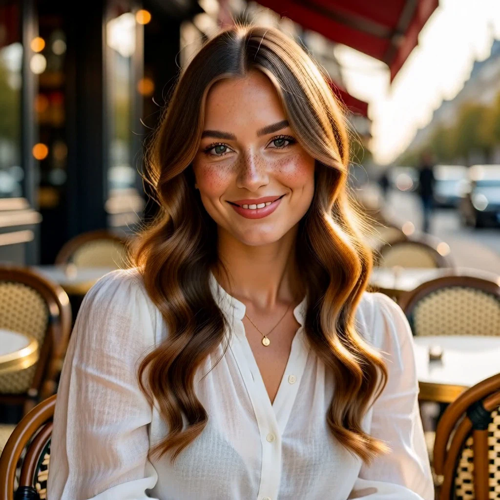 Photorealistic portrait of a beautiful young woman with long wavy chestnut hair and soft freckles, white linen blouse, sunlit Parisian cafe terrace, gentle smile, 85mm lens, shallow depth of field, golden hour.