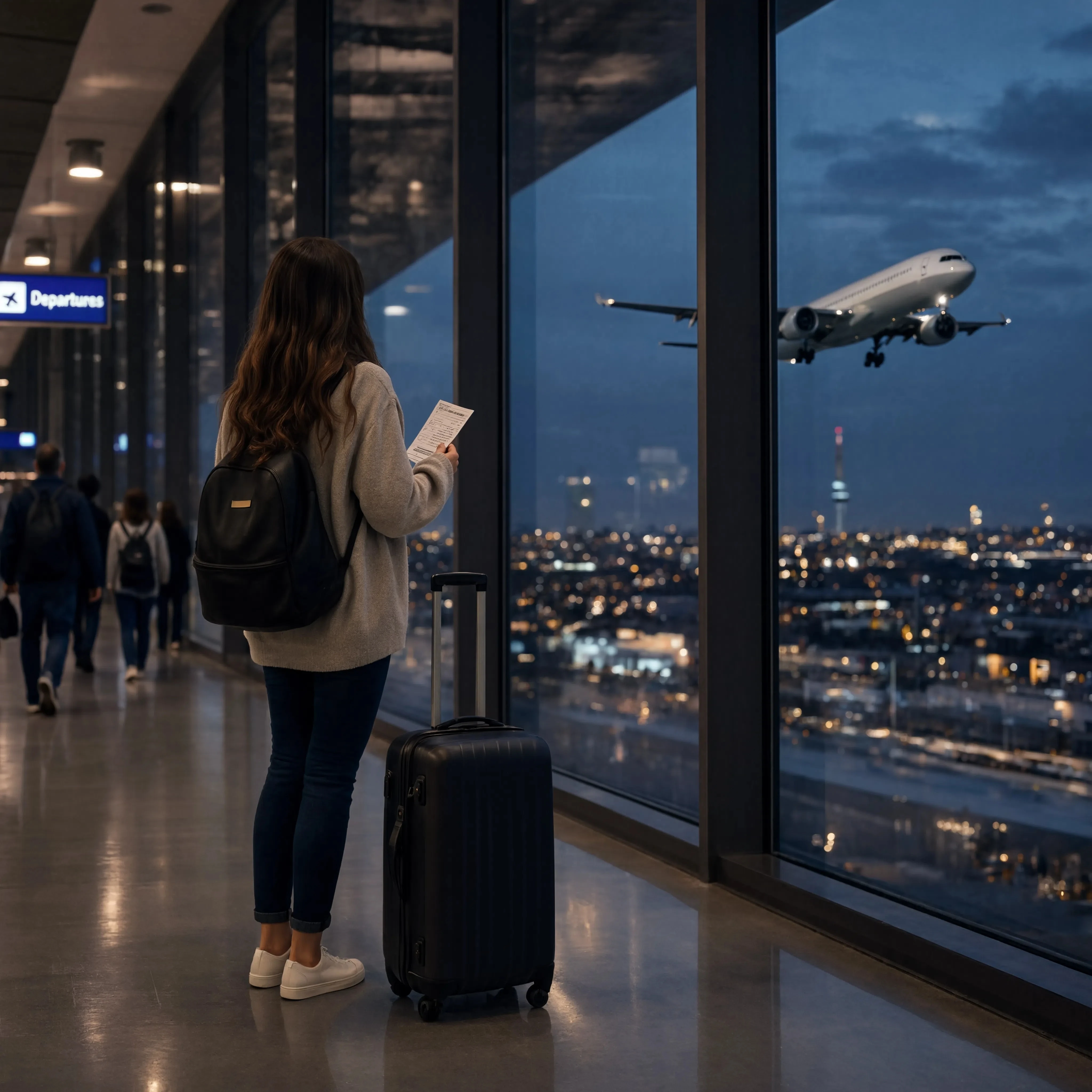A young foreign woman standing beside a suitcase in an airport terminal at night, holding a boarding pass, looking through a large glass wall at a departing airplane, reflections of city lights and passengers around her, emotional farewell story, modern cinematic composition, soft blue lighting, realistic photography