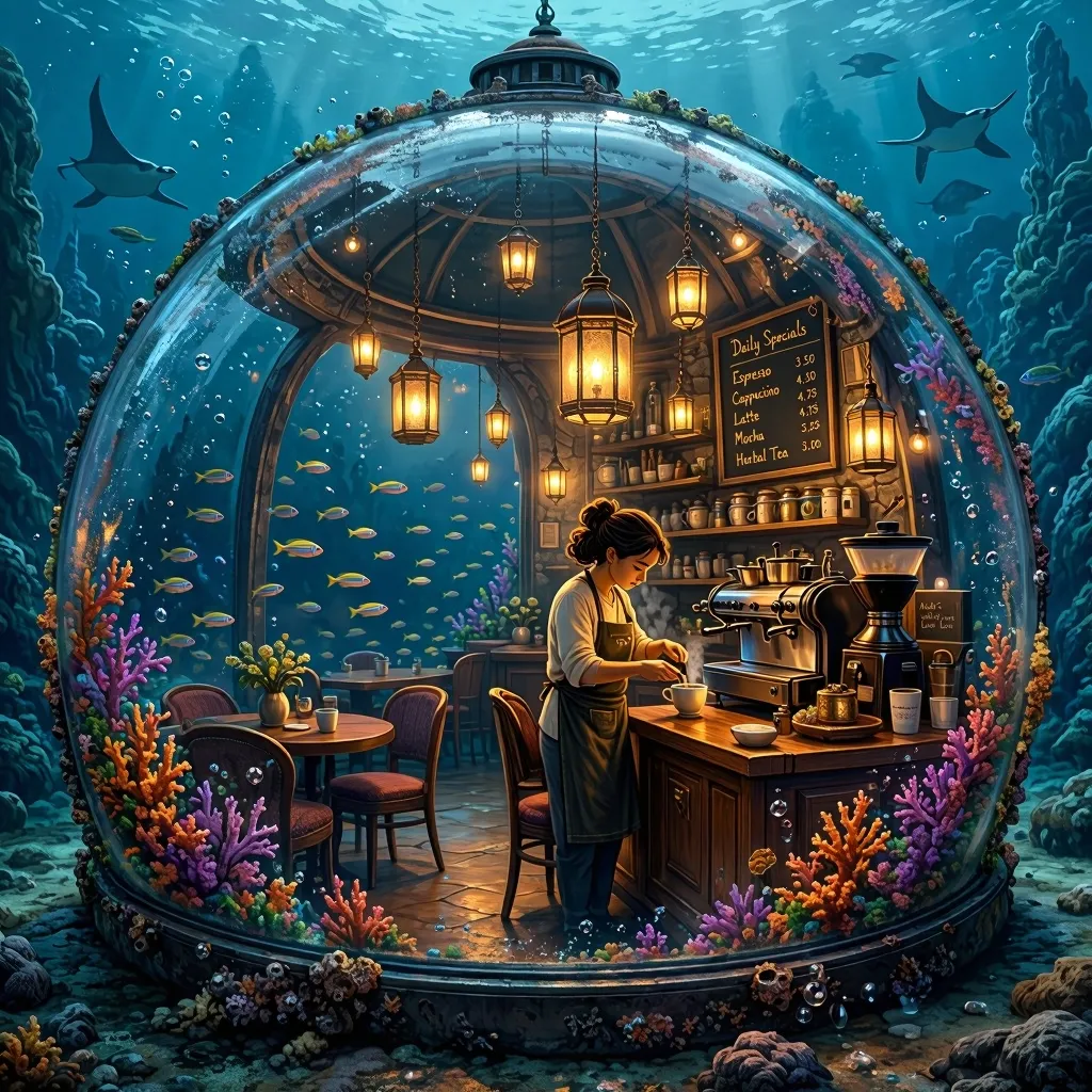 A cozy underwater café inside a glass dome on the ocean floor, warm hanging lights, colorful coral growing around the windows, fish swimming outside, a barista calmly making coffee, dreamy atmosphere, highly detailed, cinematic, whimsical realism.