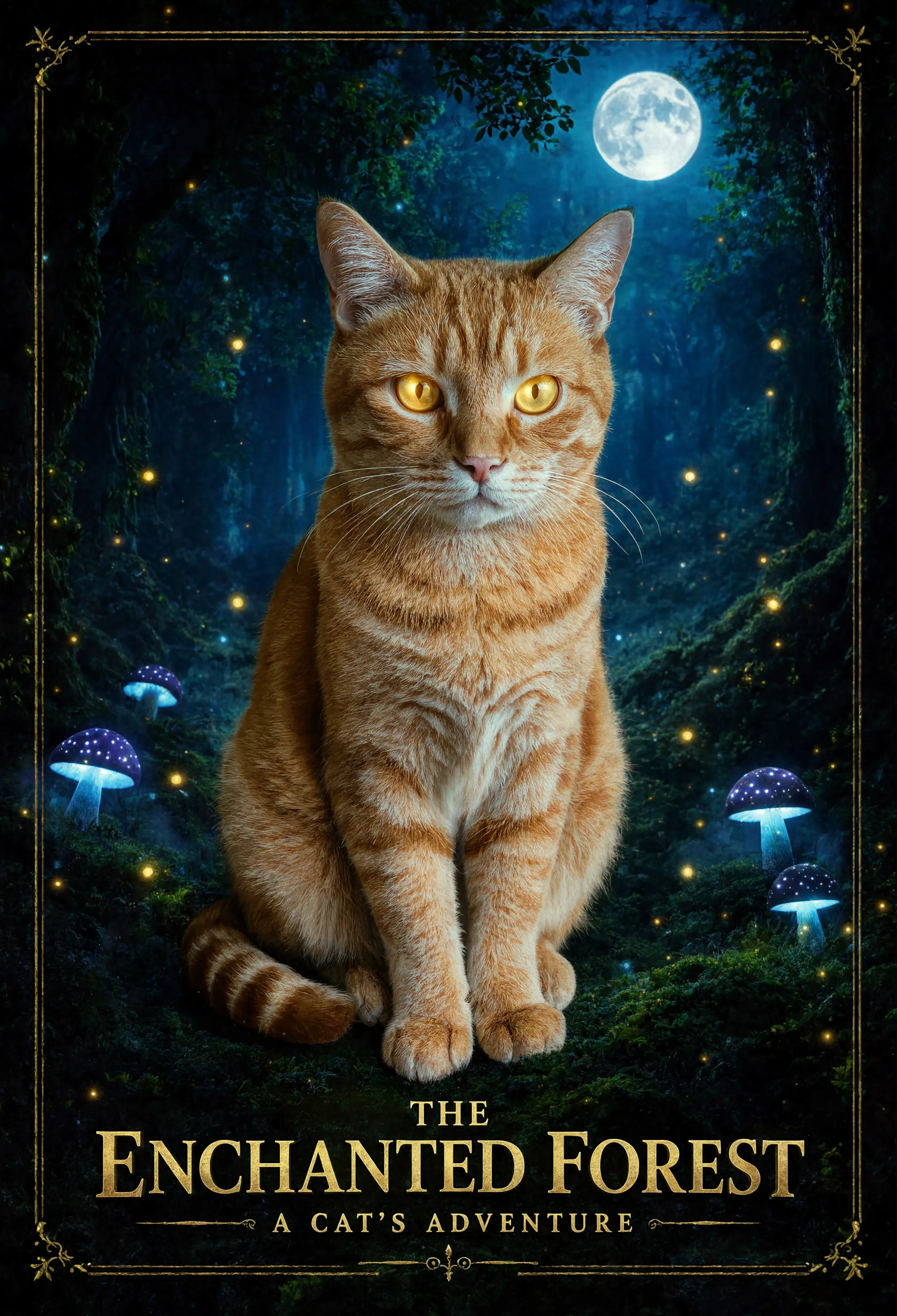 Transform this cat portrait into a magical forest adventure poster. Keep the cat's face, fur color, body pose, and expression consistent. Replace the simple background with a moonlit enchanted forest, glowing mushrooms, tiny floating fireflies, soft blue mist, and cinematic fantasy lighting. Add a subtle golden glow around the cat's eyes while keeping it elegant and realistic.