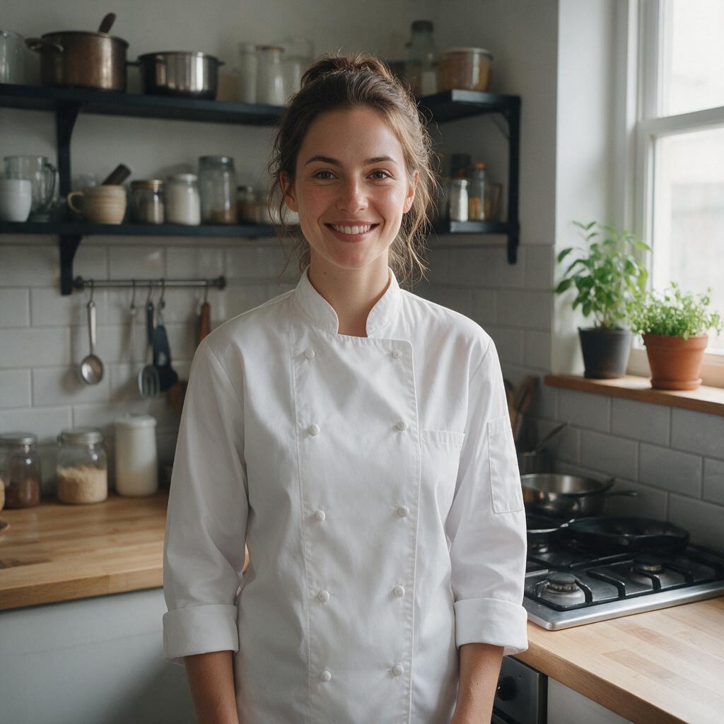 A young foreign female chef standing in a simple kitchen, wearing a clean white chef jacket, friendly confident expression, realistic lifestyle photography, soft indoor lighting, clear face, 9:16