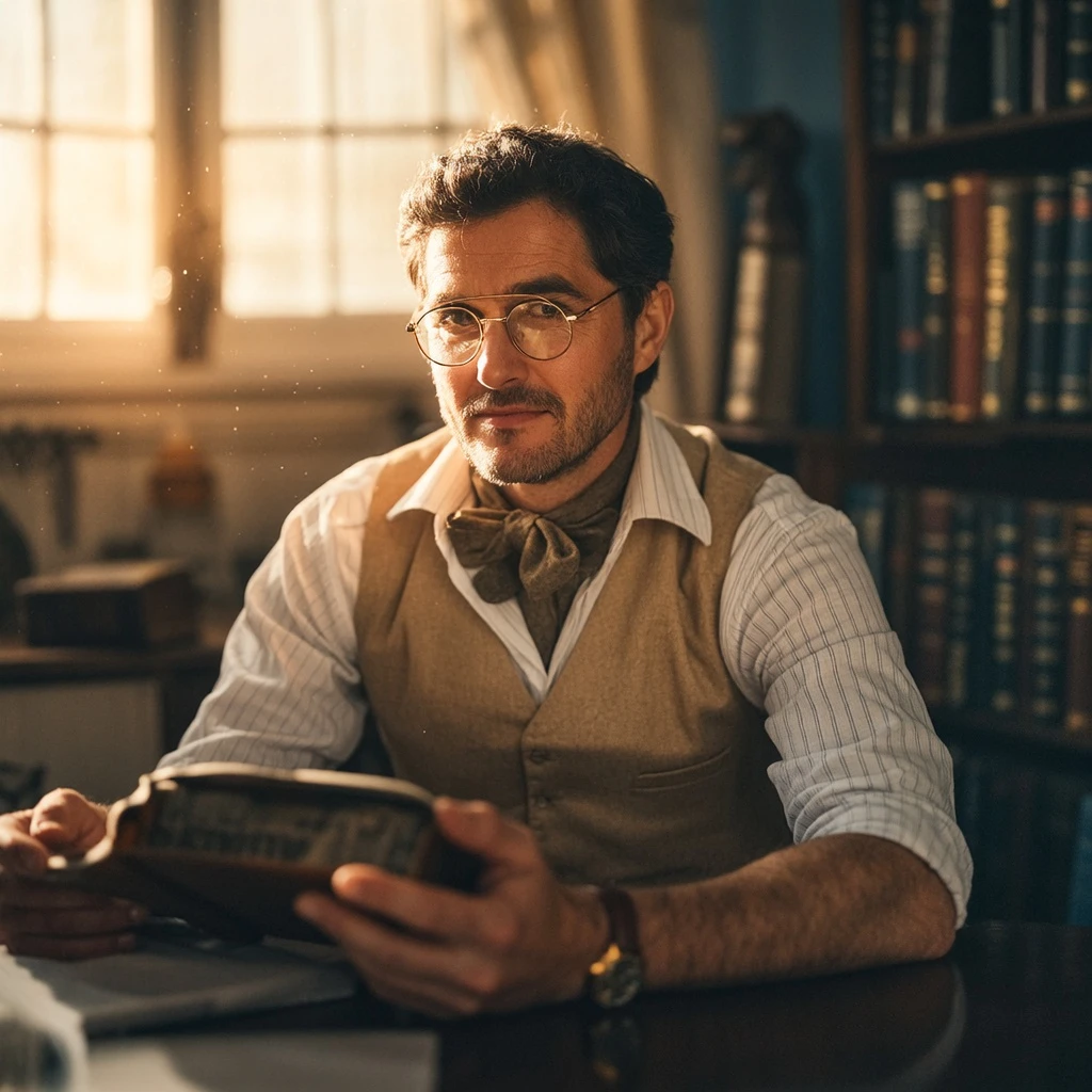 close-up portrait of an elegant 30s man with gold-rimmed glasses, sitting in a vintage study bathed in afternoon sunlight. he is holding a thick old book, looking directly at the camera with a focused gaze. dust particles dancing in the sunbeam. warm and grainy atmosphere, film photography aesthetic, shot on a Leica camera, soft light, visible skin texture, shallow depth of field.