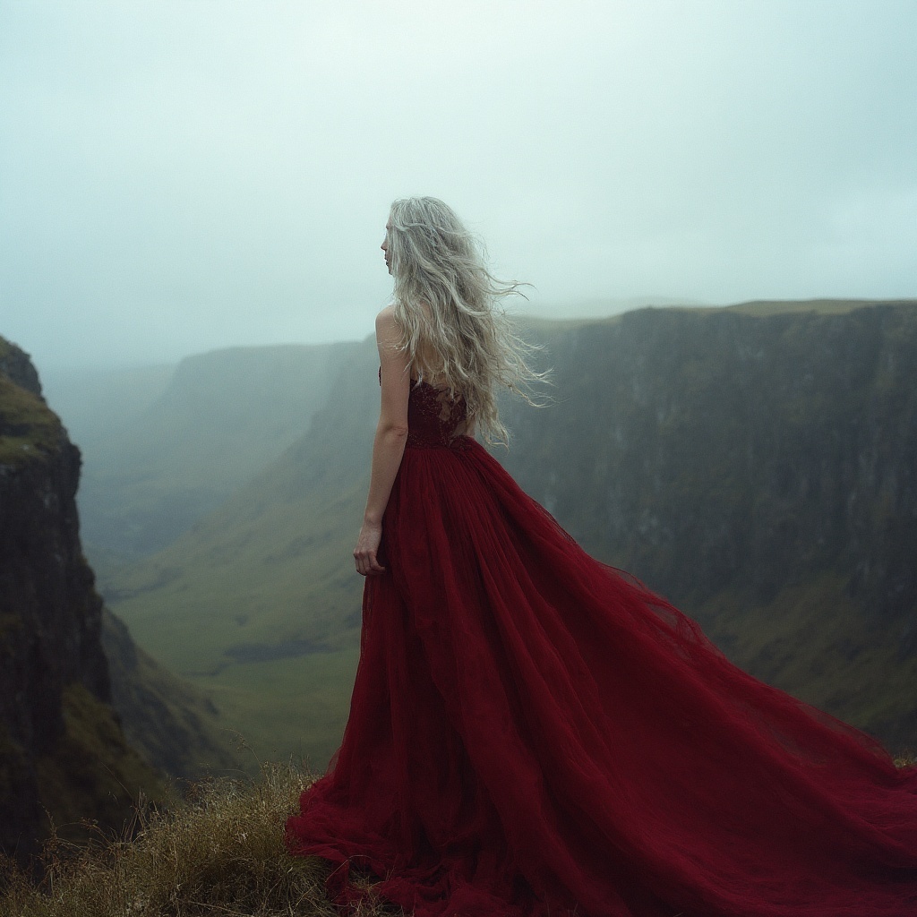 A statuesque model with flowing silver hair standing on the edge of a dramatic cliffside in the Scottish Highlands. She is wearing a long, flowing crimson gown that billows in the wind. The sky is overcast and moody. The shot is wide-angle, capturing the vastness of the landscape and her commanding presence within it. Powerful, raw, and epic. Shot on Kodak Portra 400 for a rich, filmic look.