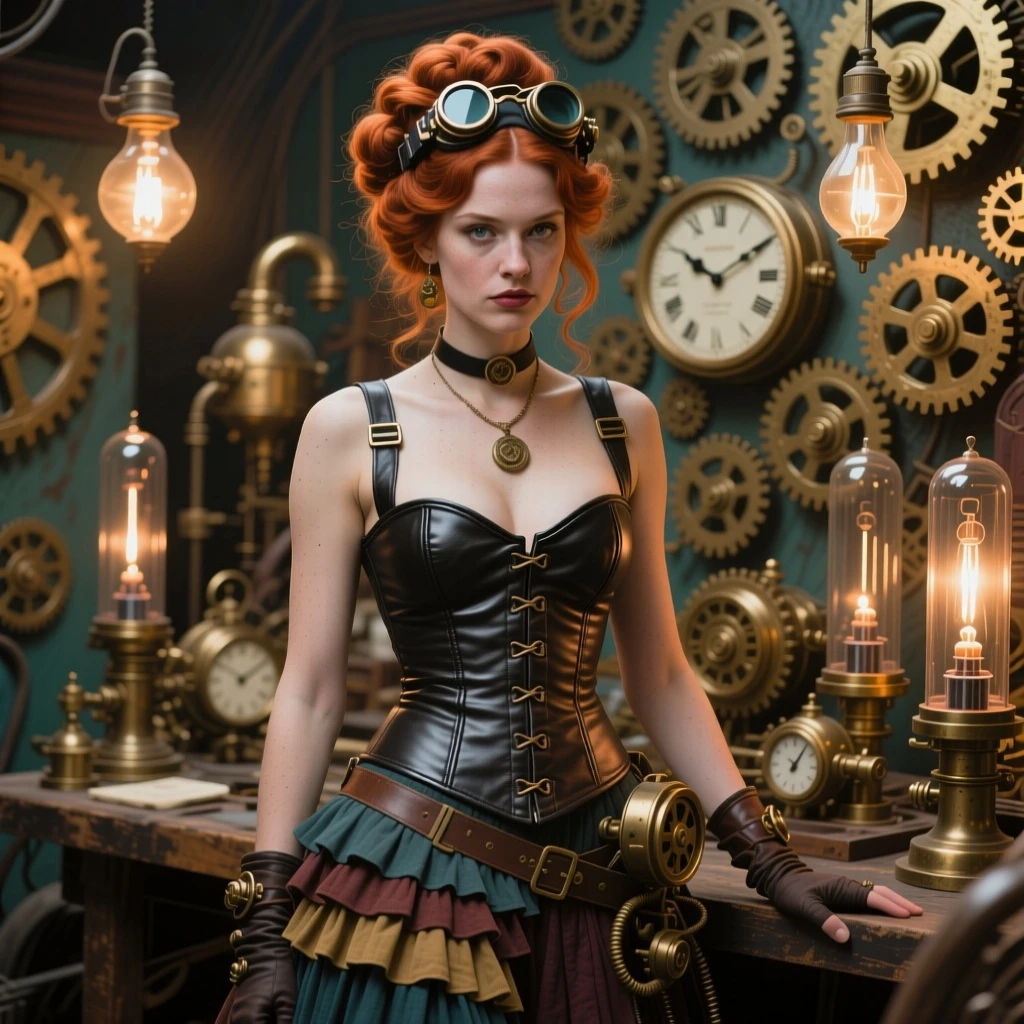 realism, a female inventor with auburn hair in an intricate updo and goggles on her head, her eyes full of intellect. She wears a leather corset and a multi-layered skirt, standing in her workshop. The room is filled with brass gears, complex clockwork devices, and glowing vacuum tubes. Warm light from gas lamps illuminates the scene. Steampunk style, highly detailed, retro-futurism, masterpiece.